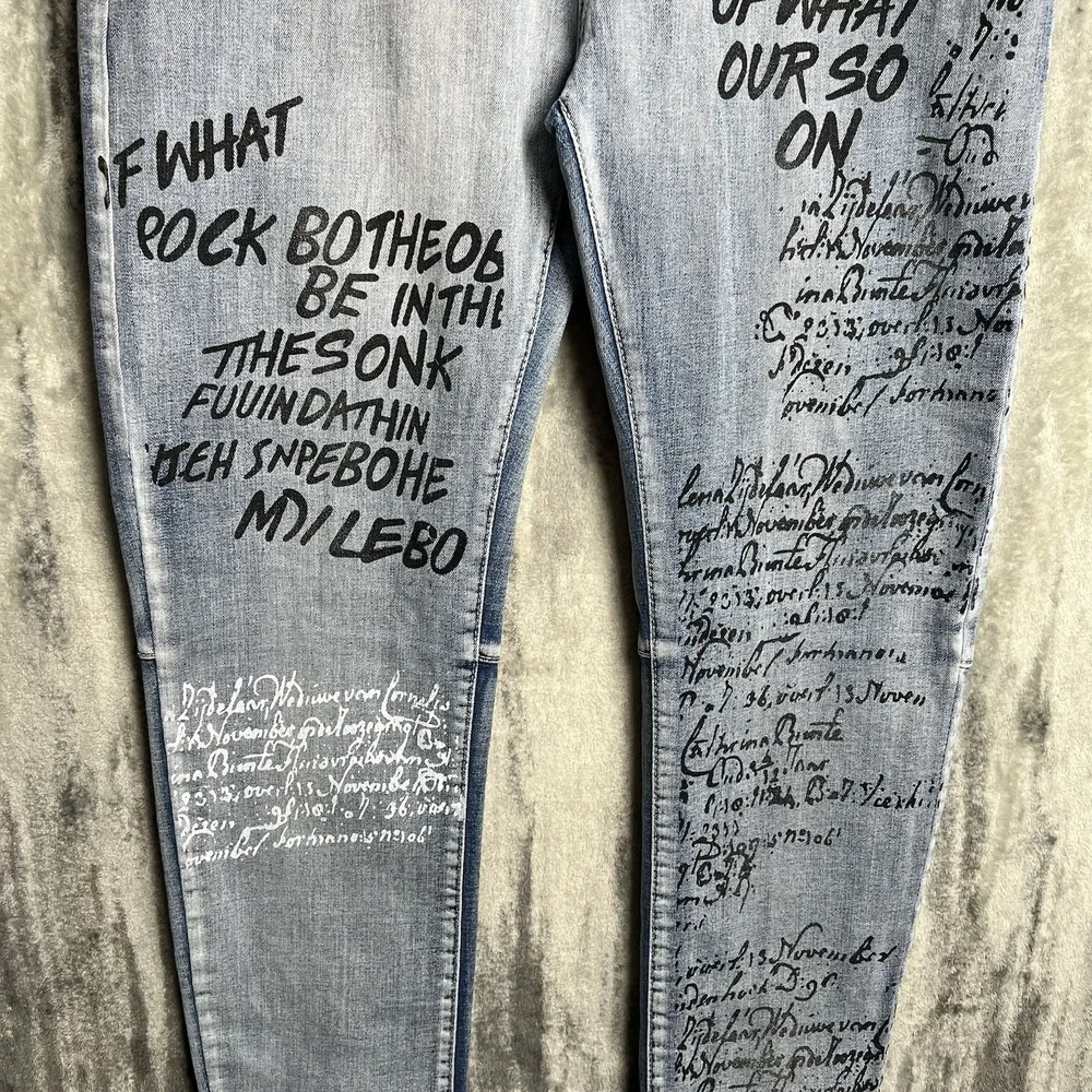 Waimea Moto Skinny Fit Jeans Men's 36x32 Blue Acid Wash Y2K Writing‎ Graffiti
